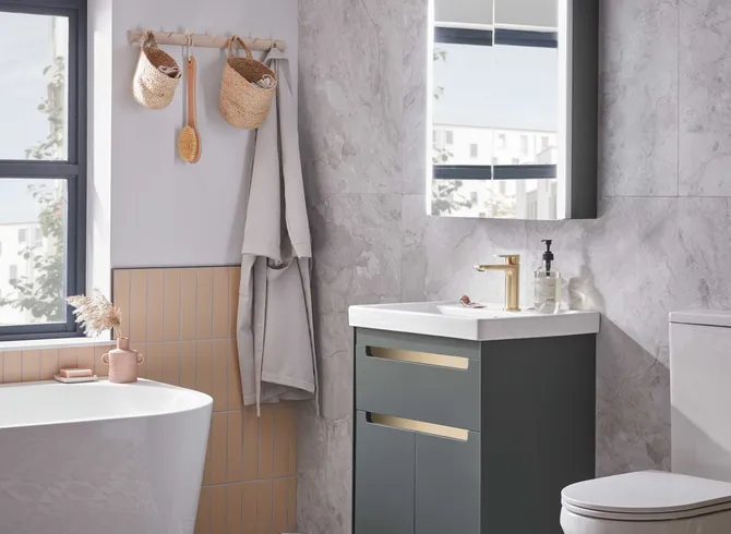 Tavistock Acumen 600mm Matt Viridian Green floorstanding vanity lifestyle image